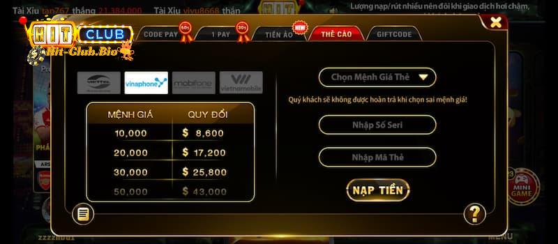 Hitclub triển khai nhiều hình thức thanh toán thuận tiện